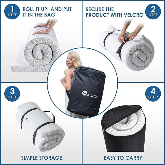 KingChii CertiPUR-US Memory Foam Camping Mattress, Portable Roll Up Travel Car Camping Mattress Sleeping Pad & Floor Mattress, Cot Mattress Guest Bed for Sleepover