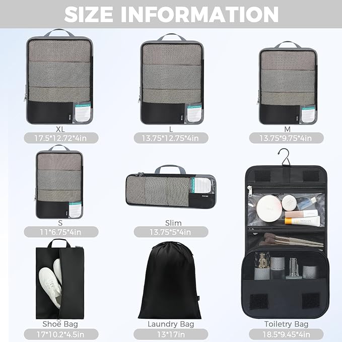 BAGAIL 4 Set/6 Set/8 Set Compression Packing Cubes Travel Accessories Expandable Packing Organizers (Half Mesh, 8-Jet Black)