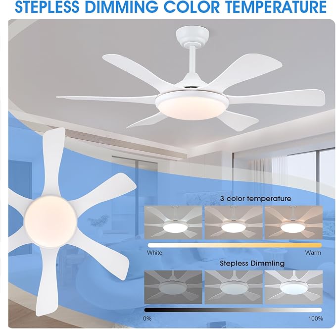 Ceiling Fans with Lights-47 Low Profile Ceiling Fan with Light and Remote/APP Control,Flush Mount,DC Reversible,LED Dimmable Ceiling Fans for Bedroom,Indoor/Outdoor Patio Use(White)