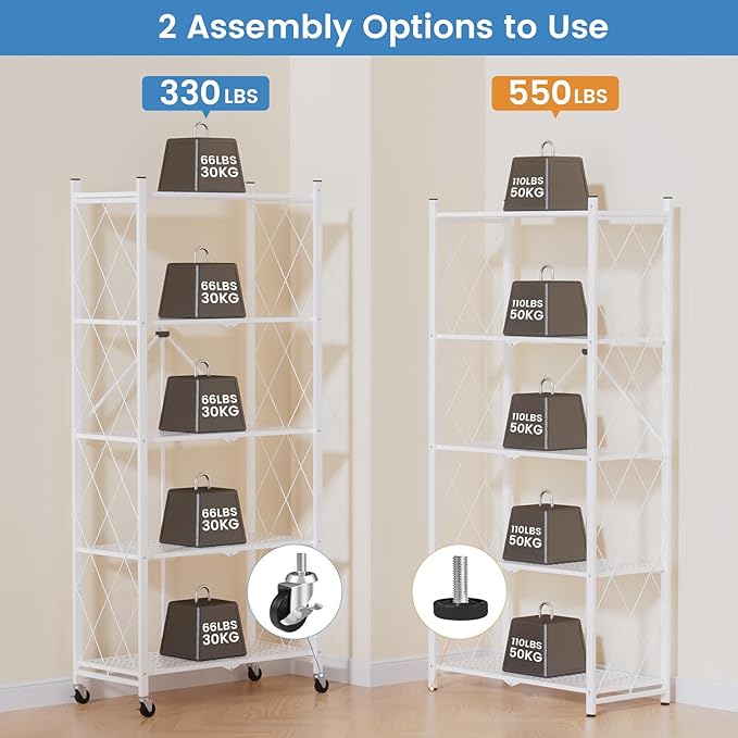 ALANNG 70.7" H Metal Storage Shelves, 5 Tier Folding Shelf on Wheels, Heavy Duty, No Assembly, Rolling, Collapsible Rack Unit for Kitchen, Basement, Pantry (White,4 Pack)