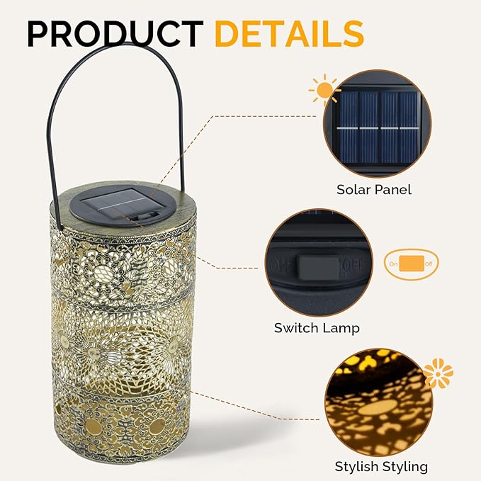 Hanging Solar Lanterns Outdoor Waterproof, Moorish-Style Solar Lanterns, Hollowed-Out Metal Decor Lantern, Decorative Lights for Garden Patio Porch
