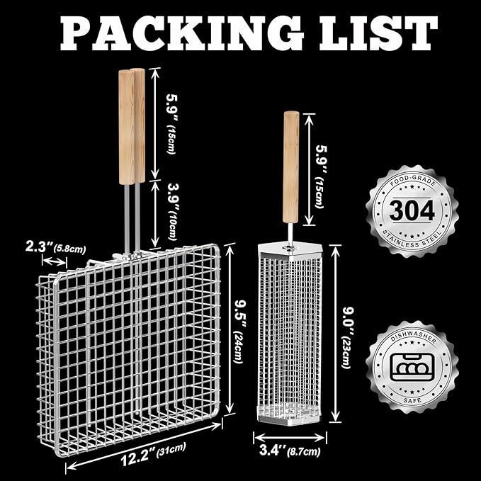 Grill Basket Set (Rectangular+Hexagon), Removable Wooden Handle, 304 Stainless Steel, Rolling Grilling Net, BBQ Accessories Tools for Vegetables Shrimp, Outdoor Cooking Camping, Birthday Gifts for Men Dad Husband