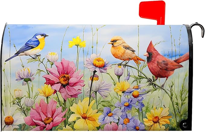 Hummingbird Bird Mailbox Covers Magnetic Standard Size 21’’x18’’ Spring Blooming Flowers and Birds Decorative Waterproof Mailboxes Wraps Letter Post Box Cover for Home Outdoor Garden Yard