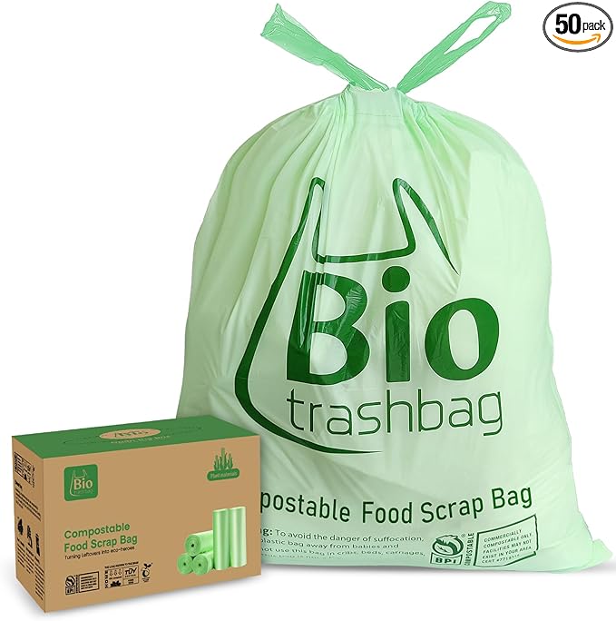 13 Gallon Compostable Trash Bags, Biodegradable Drawstring Compost Food Waste Bags, 50 Count, Heavy Duty 1 Mil, 49.2 Liter, Tall Kitchen Large Garbage Bags, US BPI and Europe OK Compost