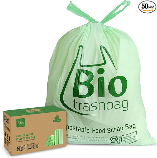 13 Gallon Compostable Trash Bags, Biodegradable Drawstring Compost Food Waste Bags, 50 Count, Heavy Duty 1 Mil, 49.2 Liter, Tall Kitchen Large Garbage Bags, US BPI and Europe OK Compost