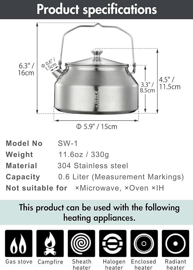 CAMPINGMOON 1L Campfire Kettle Seamless One-Piece Stainless Steel Wide Bottom Wide Spout Integrated Molding Camping Outdoor Water Boiler SW-1