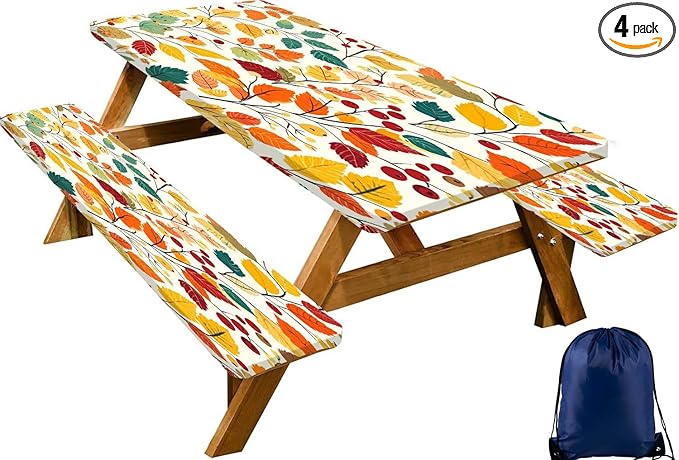 CAPSCEOLL Fitted Picnic Table Cover with Bench Covers with Elastic 6Ft Waterproof Camping Picnic Table Cover Cloths for Outdoors Camping Tablecloth with Drawstring Bag, 72X30in, Fall Leaves