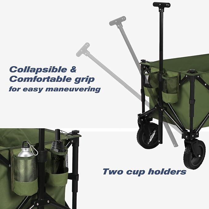 Chihee Folding Beach Wagon Cart Garden Cart Heavy-Duty with 2 Cup Holders,Camp Cart for Gimballed Wheels with Braking System Large Capacity Removable Fabric,for Sporting Events,Camping,Beach Trips