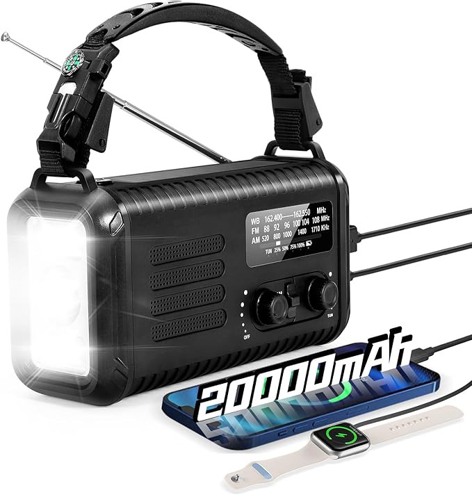 Emergency Weather Radio, 20000mAh Solar Radio, Hand Crank Radio with AM/FM/NOAA, Portable Radios with Flashlight & Reading Lamp, Earphone Jack, SOS Alarm, Phone Charger for Indoor Outdoor Emergencies