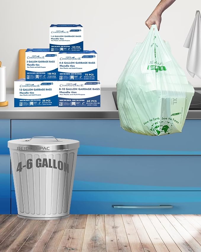 4-6 Gallon Compostable Trash Bags, 150 Count - Kitchen Trash Bags with Handle, Sturdy Biodegradable Garbage Bags for Food Scrap Waste, ASTM D6400, US BPI Certified