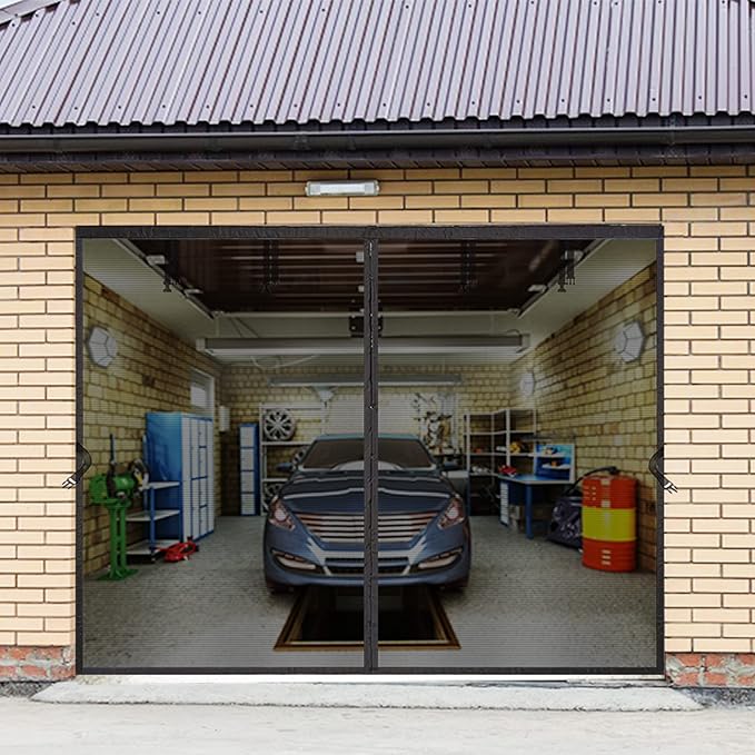 Garage Screen Door for 1 Car Garage Pull Down 8x7FT, Magnetic Door Screen 8x7 FT Garage/Patio/Porch/Balcony with Retractable Fiberglass Mesh & Heavy Duty Weighted Bottom, Easy Assembly & Pass