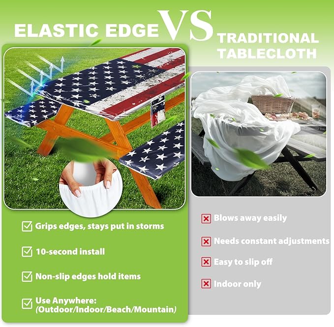 Fitted Picnic Table Cover with Bench Covers Waterproof Elastic Edges Rectangle Patio Tablecloth Outdoor Camping Essentials Stuff Rv Accessories Summer Trip Travel Camper Gifts for Woman Men, 96in 8 ft