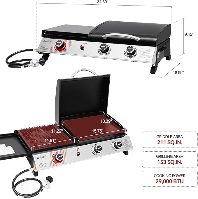 Royal Gourmet PD1305H 3 Burner Propane Gas Grill and Griddle Combo with Lid, 3-in-1 Grill Griddle Combo with 29,000 BTUs Output for Outdoor Cooking, 364 Sq. In. Cooking Area, Silver & Black