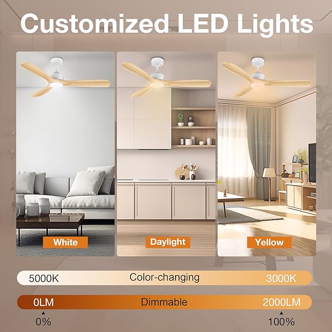 52” Wood Smart Ceiling Fans with Lights Remote,Quiet DC Motor,Outdoor Indoor Ceiling Fan,Voice Control via WIFI Alexa App,Dimmable,Modern Light Wood Ceiling Fan for Bedroom Patio Porch