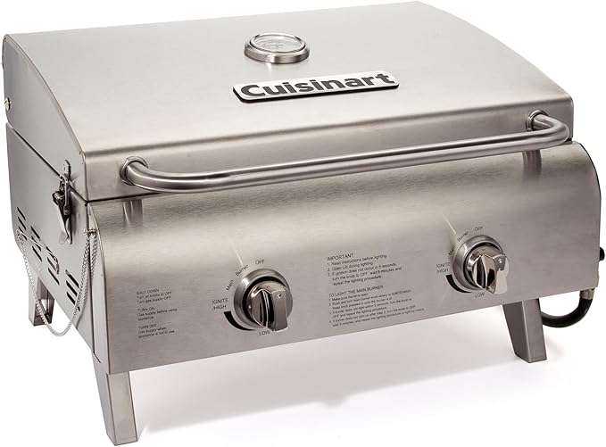 Cuisinart Chef's Style Tabletop Portable Propane Gas Grill, 20,000 BTU Stainless Steel 2-Burner Outdoor BBQ Grill for Camping, Tailgates, BBQ, Hassle-Free Setup