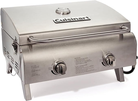 Cuisinart Chef's Style Tabletop Portable Propane Gas Grill, 20,000 BTU Stainless Steel 2-Burner Outdoor BBQ Grill for Camping, Tailgates, BBQ, Hassle-Free Setup