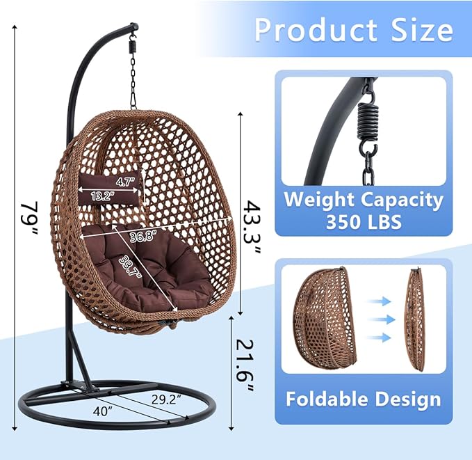 JUFU Egg Swing Chair with Stand,Hanging Egg Chair Indoor Outdoor,Hammock Hanging Basket Chair with Aluminum Steel Frame，Patio Egg Chair with Removable Cushions for Patio Balcony Backyard,Bedrooms