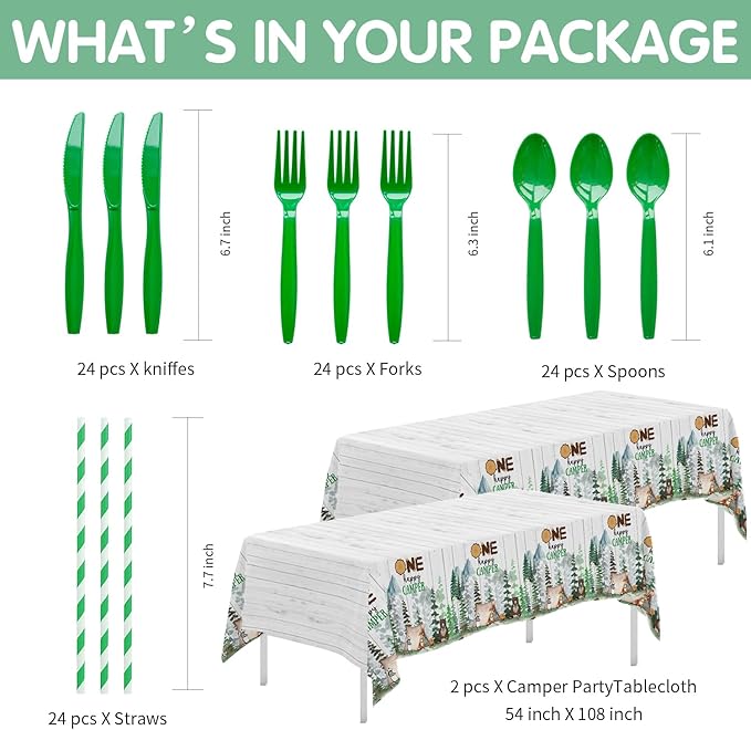 Camping Party Decorations Supplies For 1st Birthday, Adventure Camping Theme One Happy Camper Birthday Decorations Tableware, Paper Plate, Cup, Napkin, Tablecloth, Cutlery | Serves 24