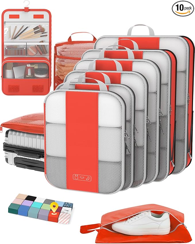 10 Set Compression Packing Cubes for Travel Essentials,Compressible Expandable Packing Cubes for Suitcase,OlarHike Luggage Organizer Bags for Travel,Handy Helper for Organizing Clothes(Orange)
