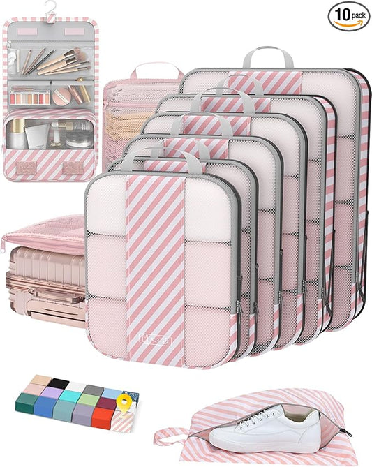 10 Set Compression Packing Cubes for Travel Essentials,Compressible Expandable Packing Cubes for Suitcase,OlarHike Luggage Organizer Bags for Travel,Handy Helper for Organizing Clothes(Pink Stripped)