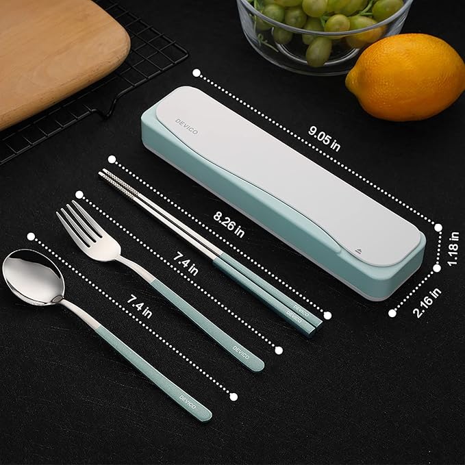 DEVICO Travel Utensils With Case, 18/8 Stainless Steel Camping Utensils, Reusable Portable Silverware Cutlery Set For Lunch Box, Include Fork Spoon Chopsticks
