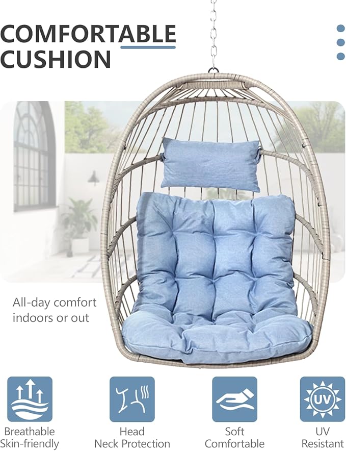 SWITTE Egg Chair Outdoor with Stand, Indoor Wicker Hanging Egg Swing Chair with Cushion, 350lbs Capacity for Patio, Bedroom, Garden - Light Blue