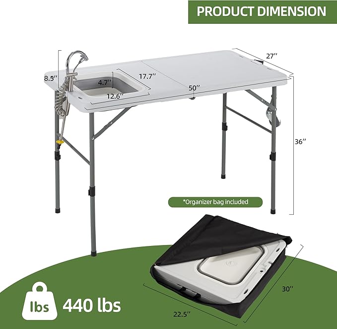 AHB 50" Folding Outdoor Fish Cleaning Table with Sink, Camping Kitchen Station Collapsible Faucet & Stainless Sprayer with 4pcs Fish Cleaning Kit for Camping, Picnic, Beach & Patio