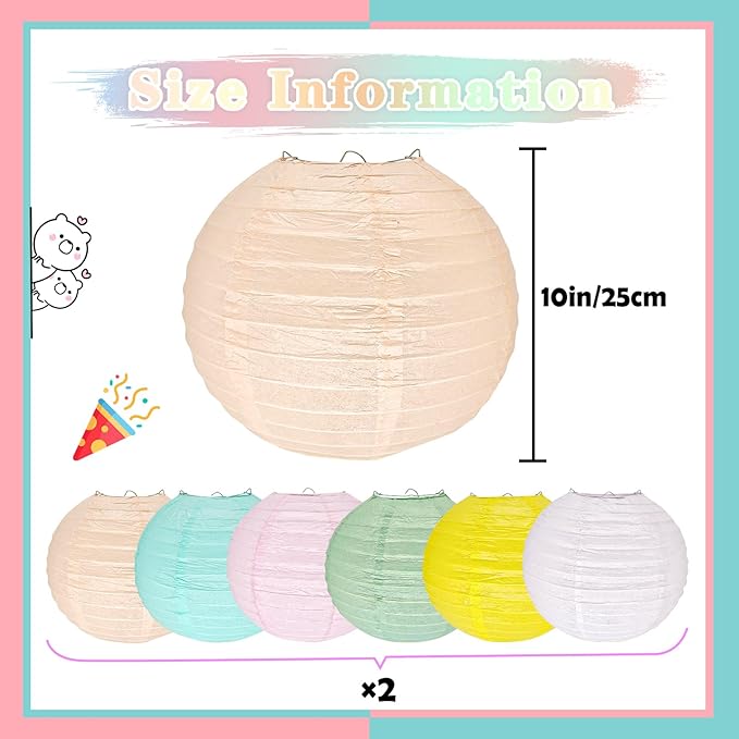 12Pcs 10" Colorful Pastel Paper Lanterns for Classroom Spring Children's Room Mother's Day Baby Shower Wedding Birthday Party Decorations, Macaron Rainbow Pastel Classroom Decor (10 inch)