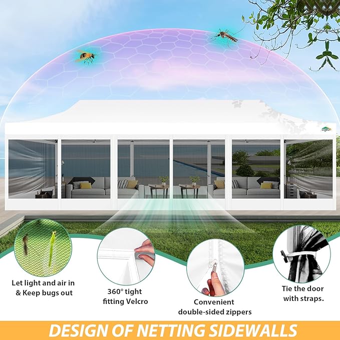 COBIZI 10x30 Canopy Tent with 8 Sidewalls,Heavy Duty Pop up Canopy Party Tent with Mosquito Netting,Easy up Screen Canopy for Parties Wedding Outdoor Patio with Roller Bag,Sandbag,White