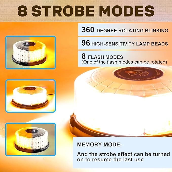 1PCS 96-LED Emergency Lights for Vehicles, 7" Magnetic Rooftop Beacon Light, Rotating Beacon Light, Mini Strobe Warning Forklift Lights, Flashing Lights for Vehicles Trucks Tow(Amber-White)