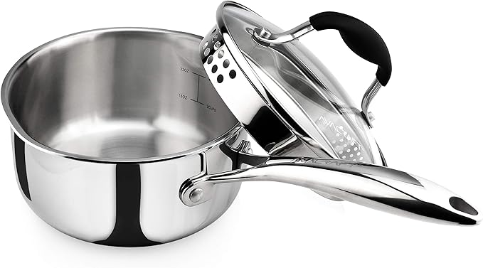 AVACRAFT Tri-Ply Stainless Steel Saucepan with Glass Strainer Lid, Two Side Spouts, Ergonomic Handle, Multipurpose Sauce Pan with Lid, Sauce Pot, Cooking Pot (Tri-Ply Full Body, 1.5 Quart)
