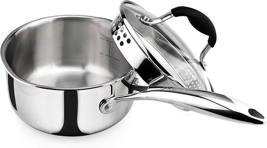 AVACRAFT Tri-Ply Stainless Steel Saucepan with Glass Strainer Lid, Two Side Spouts, Ergonomic Handle, Multipurpose Sauce Pan with Lid, Sauce Pot, Cooking Pot (Tri-Ply Full Body, 1.5 Quart)