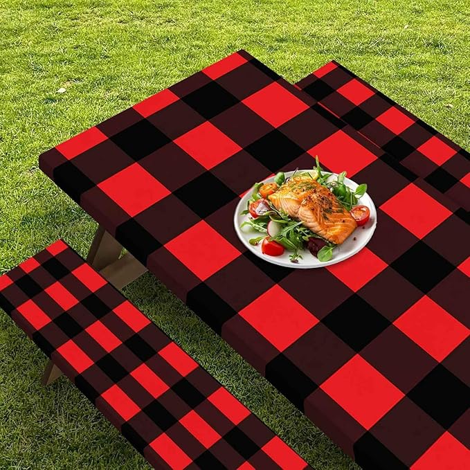 CAPSCEOLL Elastic Picnic Table Cover with Bench Covers 5Ft Waterproof Fitted Picnic Table Cover Cloths for Outdoors Camping Tablecloth with Drawstring Bag, 60X30in, Black Red