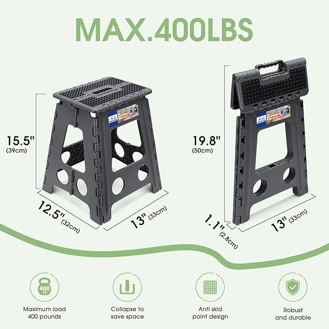 ACKO Folding Step Stool Foldable 16 Inch Stools for Adults and Kids, Plastic Stools Tall 400 lbs Capacity, Collapsible Stool for Kitchen, Stepping Foot Stool with Handle, Dot Grey, 1 PC