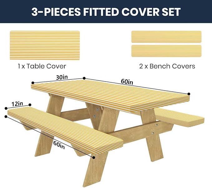 CAPSCEOLL Elastic Picnic Table Cover with Bench Covers 5Ft Waterproof Fitted Picnic Table Cover Cloths for Outdoors Camping Tablecloth with Drawstring Bag, 60X30in, Orange White