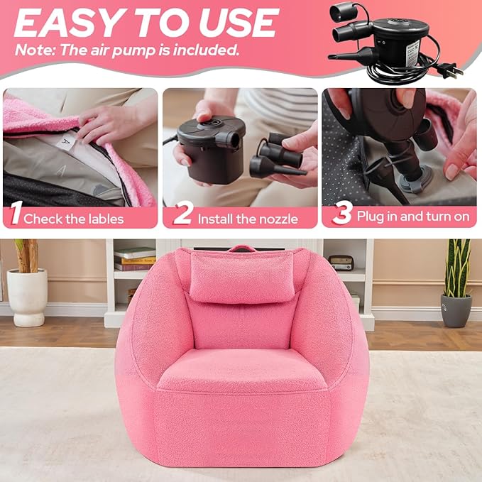 HABUTWAY Inflatable Bean Bag Chairs for Adult Blow up Chair Portable Inflatable Bean Bag Couch w/Electric Air Pump,Handle & Side Pocket for Movie Night Reading Gaming Living Room - Dark Pink