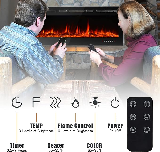 CharaVector 80 inch 750W/1500W Electric Fireplace Inserts with Remote Control in Wall Mounted, Energy Saving LED Insert Fireplace Heater Indoor Glass View with Remote Control & Touch Screen, Black