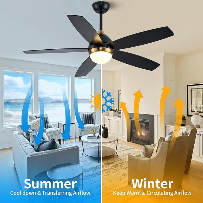 Black and Gold Ceiling Fan with Lights,52 Inch Ceiling Fans,6 Speeds,3 Color,Quiet DC Motor,Ceiling Fan with Remote Control for Bedroom Living Room Patio Kitchen