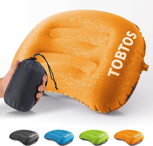 TOBTOS Inflatable Camping Pillow for Camping, Ultralight Backpacking Pillow, Ergonomic Support for Neck & Lumbar, Blow Up Air for Travel, Hiking, Outdoor (Orange)