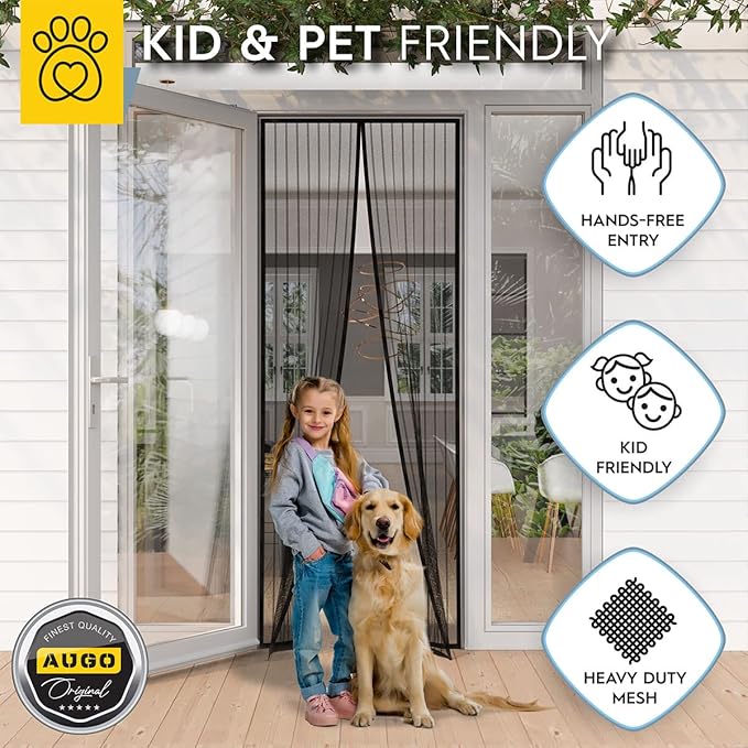 AUGO Magnetic Screen Door - Self Sealing, Heavy Duty, Hands Free Mesh Partition Keeps Bugs Out - Pet and Kid Friendly - Patent Pending Keep Open Feature - 38 Inch x 97 Inch