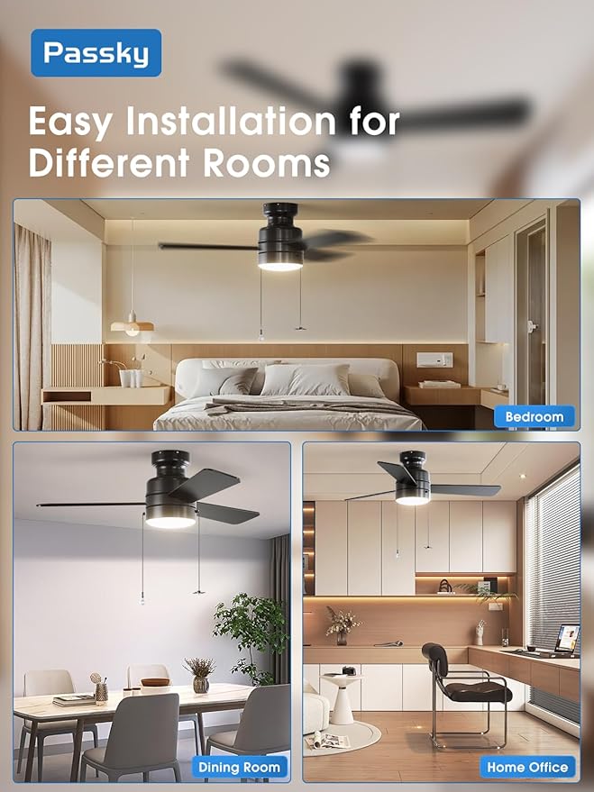 Ceiling Fans with Lights, 42 inch Low Profile Ceiling Fan with Pull Chain and Remote Control, Flush Mount, Reversible, 5CCT, Dimmable, Noiseless, Black Pull Cord Ceiling Fan for Bedroom
