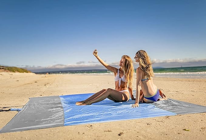 WEKAPO Beach Blanket Sandproof Waterproof, Extra Large Beach Mat, Oversized & Compact Sand Free Mat Quick Drying, Lightweight & Durable with 6 Stakes & 4 Corner Pockets