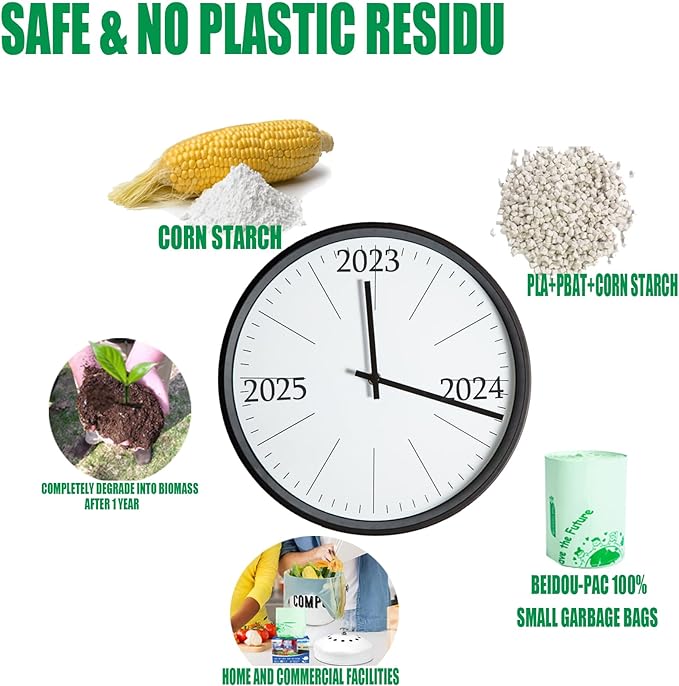 100% Compostable Trash Bags, 3 Gallon Compost Bags Small Kitchen Trash Bags with Handle, 200 Count Sturdy Biodegradable Garbage Bags Food Scrap Waste Bags, ASTM D6400, US BPI Certified