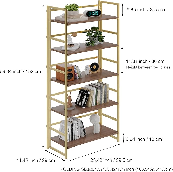BHG Vintage Multifunctional Folding Bookshelf,5 Tier No-Assembly Plant Stand Storage Rack Shelves for Home Office (Brown&Gold, 5-Tier)