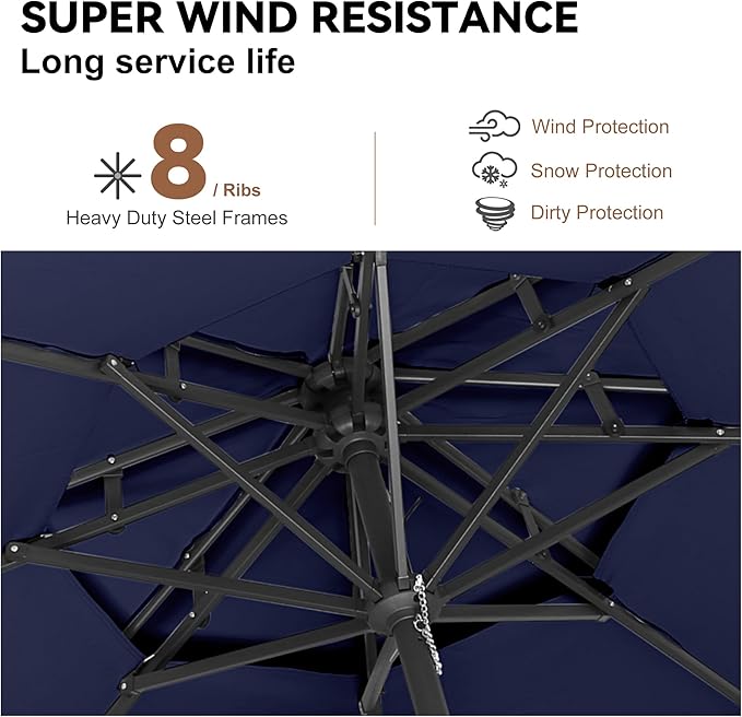 9ft Outdoor Patio Umbrella - 2 Tiers Table Umbrella Waterprool UV Protection, Sombrillas de Patio with Push Button Tilt&Crank, Sun Umbrella for Pool, Porch, Garden, Backyard(Dark Blue)