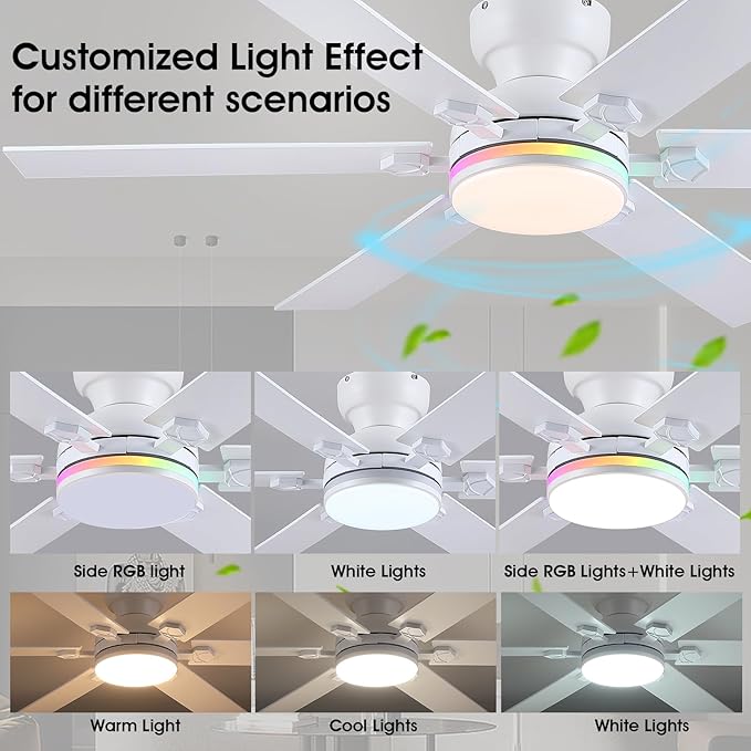 52" RGB Ceiling Fans with Lights and Remote,White Low Profile Ceiling Fans with Quiet Reversible DC Motor, Modern Flush Mount Fans Light for Kids Room Bedroom