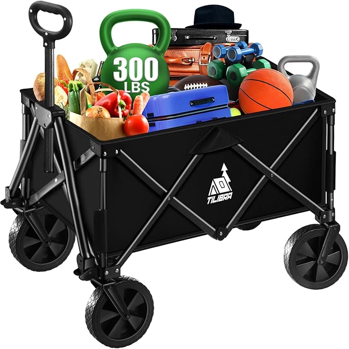 Collapsible Wagon Carts with Large Capacity, Foldable Grocery Cart with Side Pockets for Outdoor,Utility Beach Wagons Heavy Duty,300lb Load-Bearing for Camping, Garden, Sports, Shopping-Black