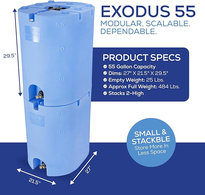 Exodus 55 Gallon Water Storage Tank by Rockwell Products | Compact Water Storage Container for Emergencies | BPA Free, Made in The USA, Blue