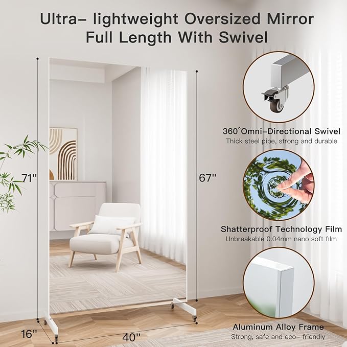 brisafe Home Gym Mirror 360° Swivel on Wheels, 67" X 40" Extra Large Full Body Rolling for Yoga, Nano Film Super Lightweight Unbreakable Full Length Mirror, White, 9.5 lbs
