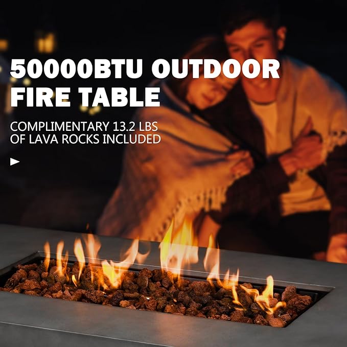 60" Rectangular Propane Fire Pit – 3-Piece 50,000 BTU Concrete Fire Pit with Glass Wind Guard and Tank Cover Table – Outdoor Firepits – Gas Fireplace for Deck or Patio